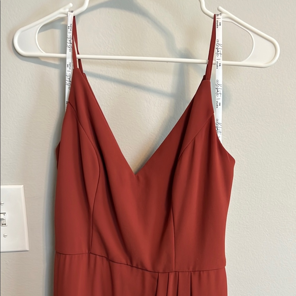 Lulu's Cinnam Terracota Bridesmaids Pleated V-Neck Spaghetti Strap Dress